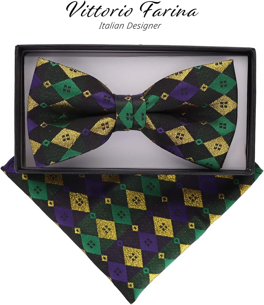 Premium Mardi Gras Pre-Tied Bow Tie & Pocket Square Set for Men