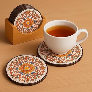 LINKChef Coaster Set - Tea Coasters Set of 6 for Coffee Mugs & Glasses, Coasters for Dining Table for Hot Pots, Indian Gifts for Foreigners, Wooden Coasters with Stand Bamboo Heat Resistant Pads ,