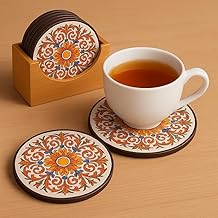 COSOOS Coaster Set - Tea Coasters Set of 6 for Coffee Mugs & Glasses, Coasters for Dining Table for Hot Pots, Indian Gifts for Foreigners, Coasters with Stand Floral Bamboo Heat Resistant Pads;,