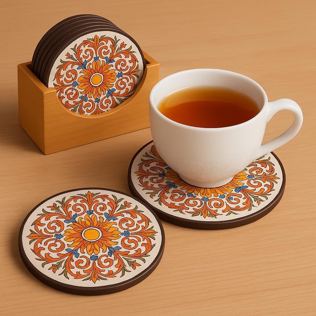 LINKChef Coaster Set - Tea Coasters Set of 6 for Coffee Mugs & Glasses, Coasters for Dining Table for Hot Pots, Indian Gifts for Foreigners, Wooden Coasters with Stand Bamboo Heat Resistant Pads;,