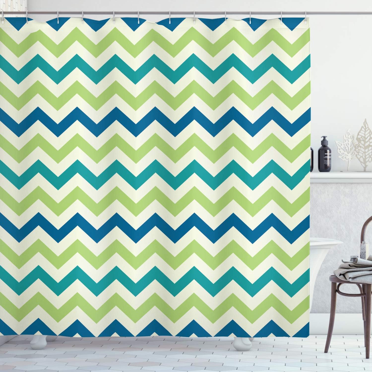 Ambesonne Chevron Shower Curtain, Continuous Vintage Style Zigzags Pattern of Classic Stripes in Nature Color Palette, Cloth Fabric Bathroom Decor Set with Hooks, 69" W x 70" L, Apple Green Navy Blue