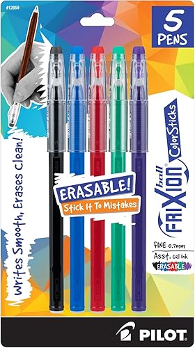 Pilot FriXion ColorSticks - Bolígrafos de tinta de gel borrables, punta fina de 0.028 in, tintas de colores surtidos, 5 bolígrafos (12859)