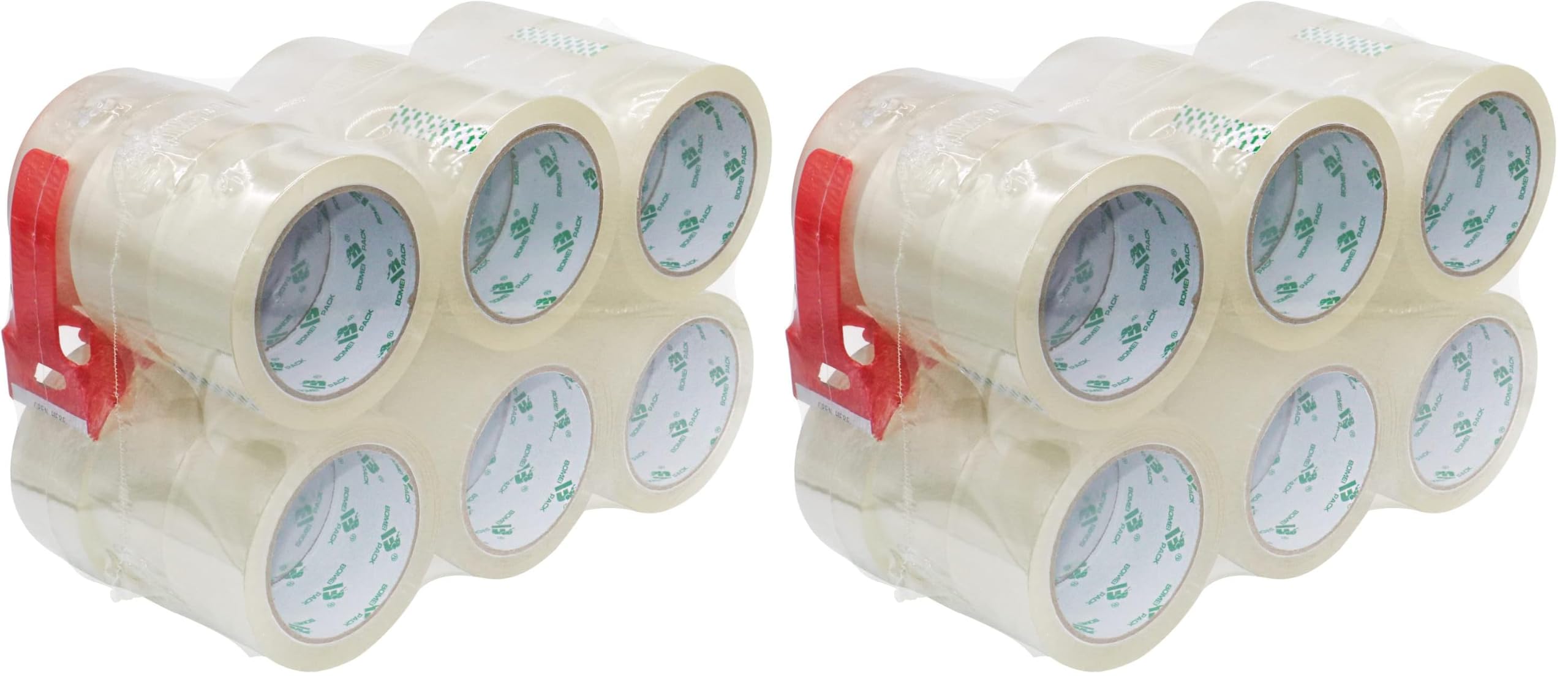 BOMEI PACK Ruban Adhésif Distributeur Transparent Rouleau Adhésif 18 rouleaux Emballage de ruban adhésif pour boîtes d'emballage et carton 66m x 48mm (Lot de 2)