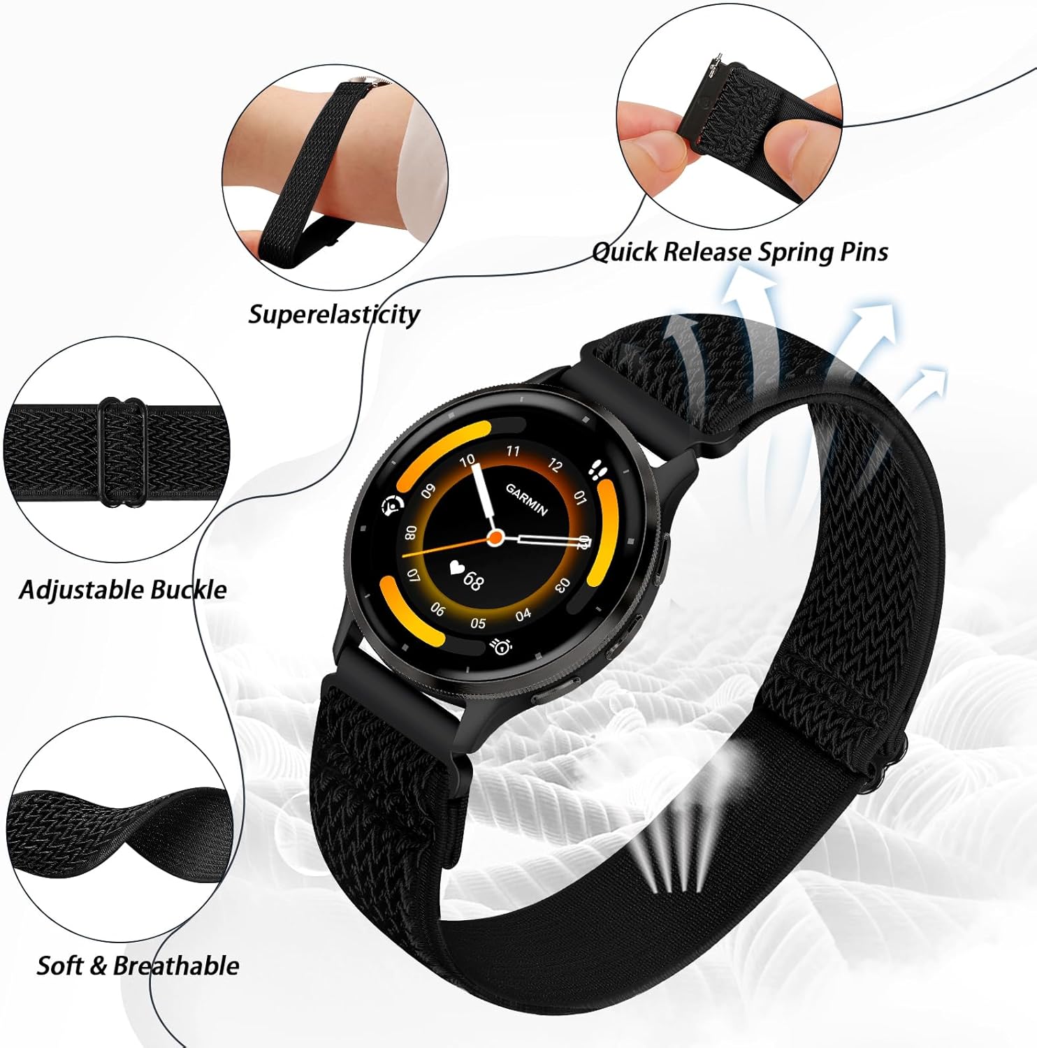 2 Pack Elastic Ankle/Arm Watch Bands Compatible with Garmin Venu 3/Venu 2/Vivoactive 4, Garmin Forerunner 570 47mm/265/255/255 Music, 22mm Sport Nylon Replacement Strap for Amazfit GTR 4/3/2 - Image 2