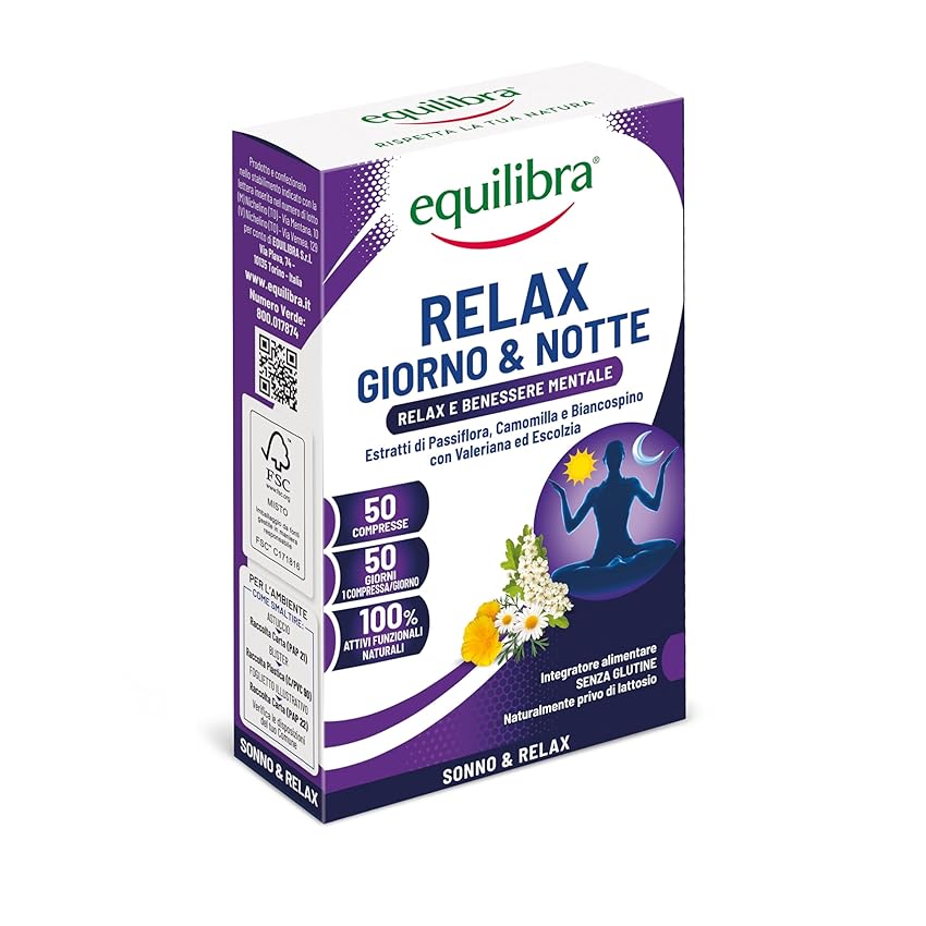 Equilibra Integratori Alimentari, Relax Giorno E Notte, Integratore A Base Di Estratti Vegetali Per Contribuire Al Rilassamento, Con Passiflora, Camomilla E Valeriana, 50 Compresse