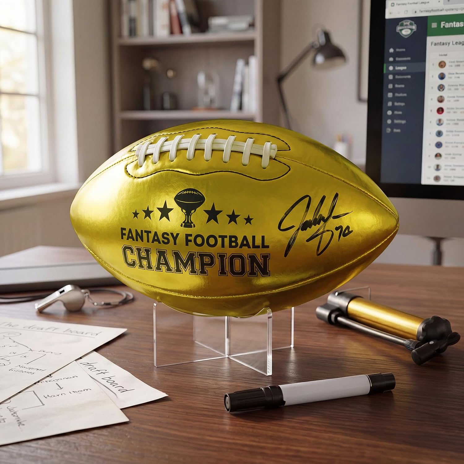 Liliful Fantasy Football Champion Trophy Autograph Football Mid Size 6 with Clear Display Stand Pump and Pen Personalized Sports Gift for Athlete Sports Men Fan Signature Memorabilia