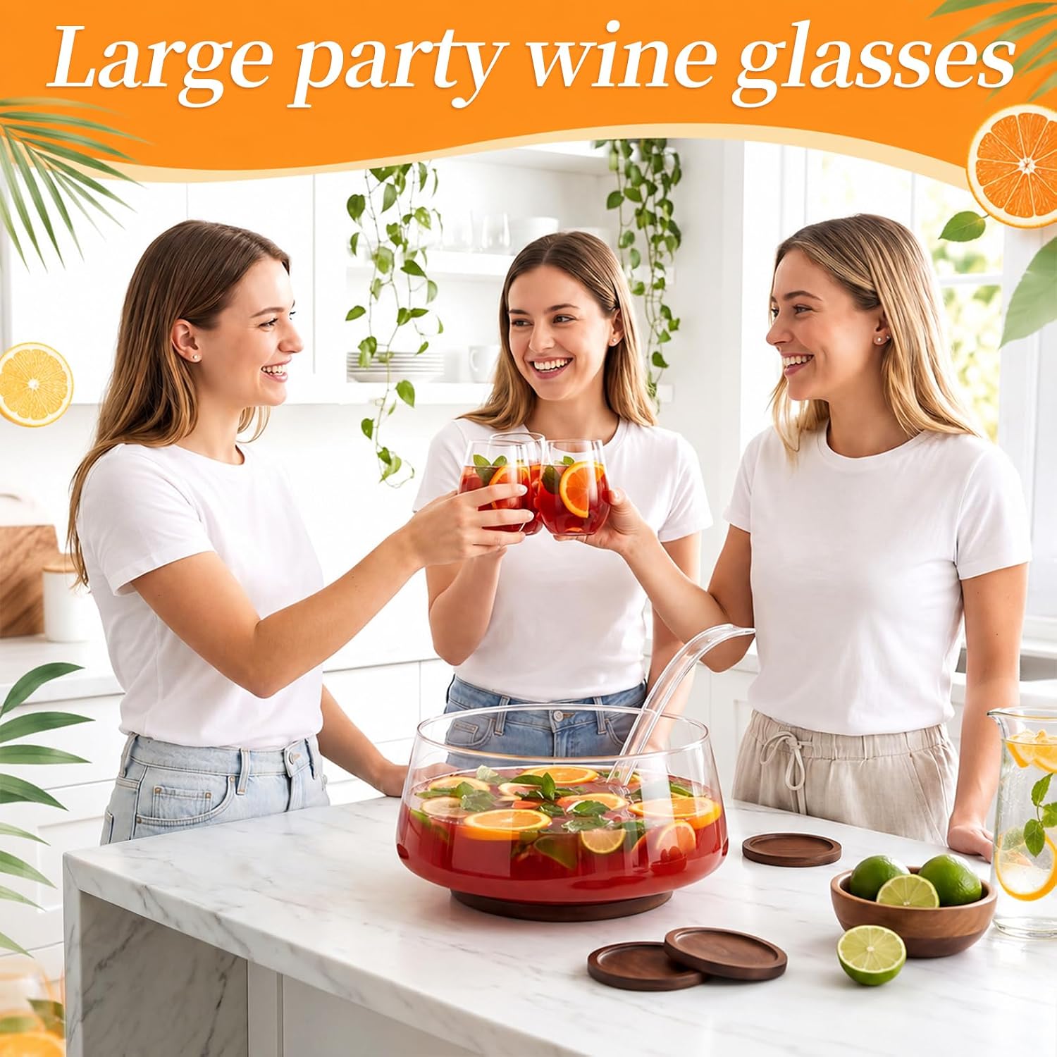 1.2 Gallon Glass Punch Bowl Set with Ladle, 4 Acrylic Cups and Wood Base