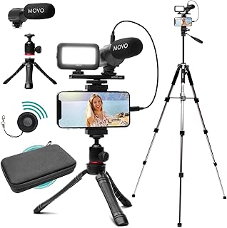 Movo iVlogger Vlogging Kit for iPhone with Fullsize Tripod - Lightning Compatible Vlog Kit- Accessories: Tripods, Phone Mount, LED Light and Shotgun Mic for YouTube Starter Kit
