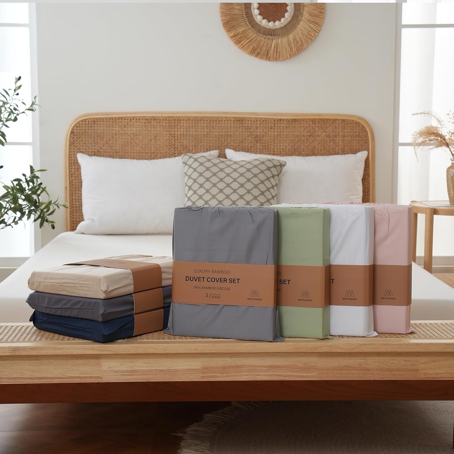 MEISHANG Duvet Cover Queen Size, 100% Rayon Derived from Bamboo, Luxury Silky Cooling Duvet Cover Set for Hot Sleepers with Zipper Closure and Corner Ties - 3 Piece Set(Queen, Gray)