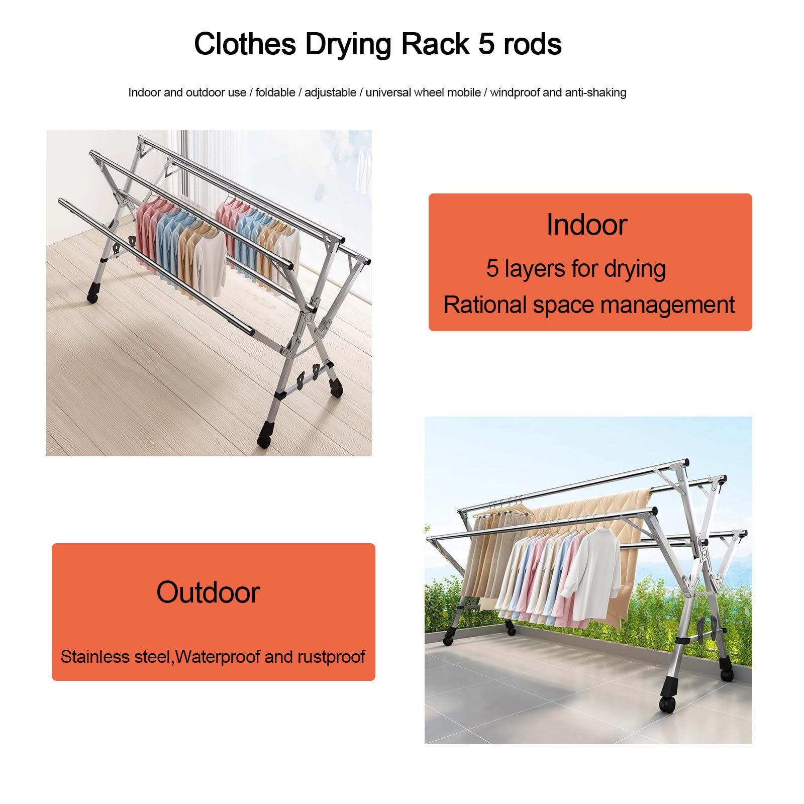 Tendedero Extensible, Tendedero Plegable de Acero Inoxidable,Grande Secadora Pplegable con Ruedas,Tendedero Exterior e Interior 20 Ganchos 12 Clips,150-240cm