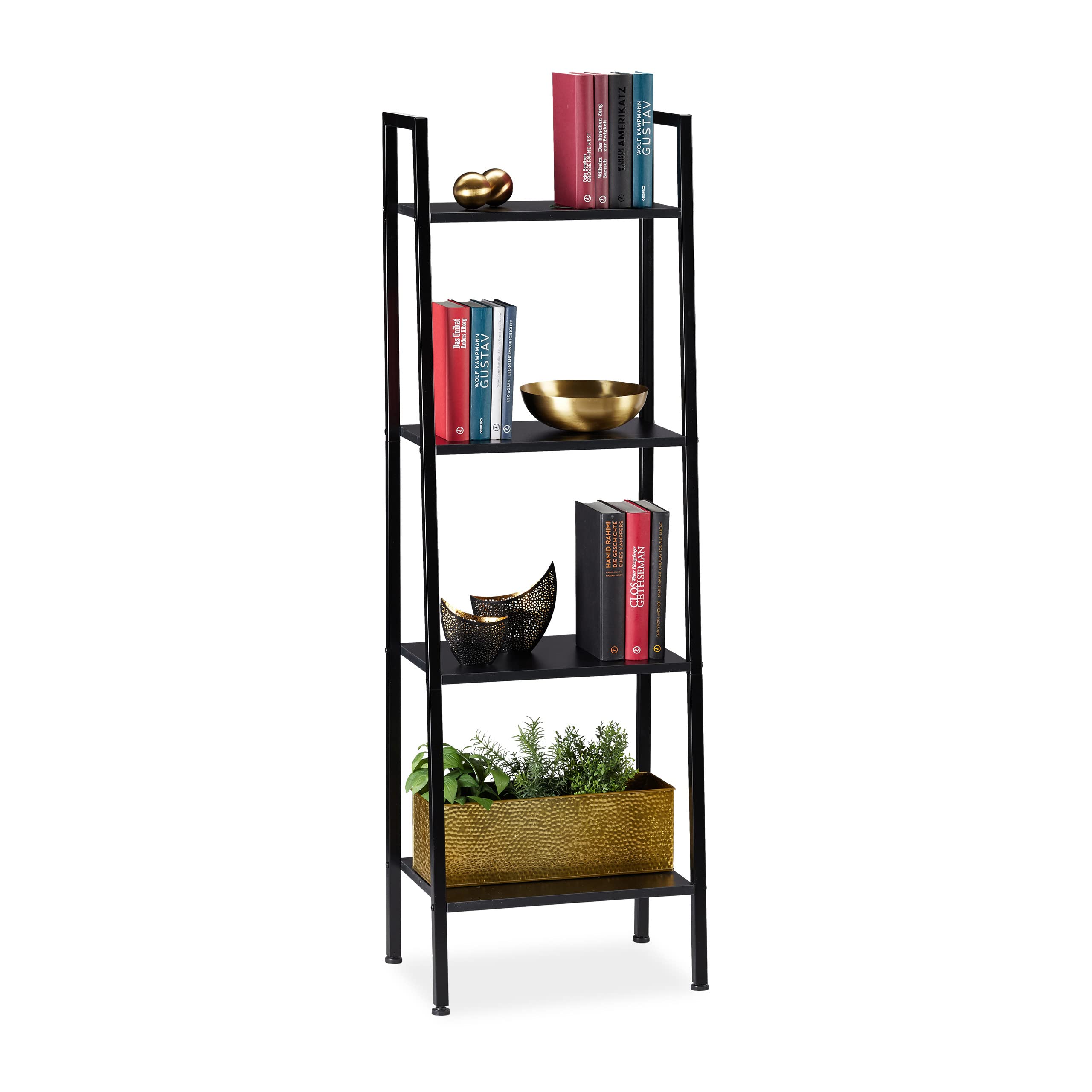 Relaxdays Etagère sur pieds, Etagère en échelle 4 espaces rangement, Plantes, HLP: 136 x 44 x 31,5cm, Noir Noir