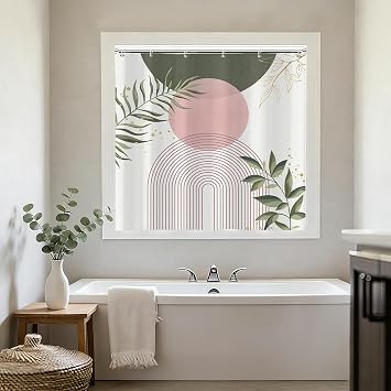Boho Mid Century Short Shower Window Curtain, Pink Green Modern Abstract Geometric Gold Leaves Shower Curtains for Bathroom Window Waterproof Fabric Bathroom Window Curtain with Hooks 40"Wx36"L
