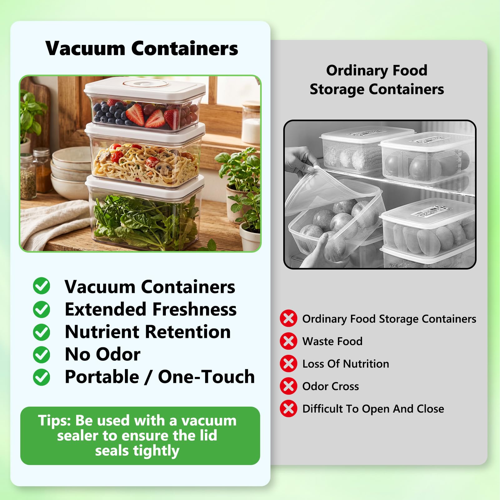 Set di 3 contenitori riutilizzabili ermetici e rettangolari, da 850 ml, 1300 ml e 1800 ml, con coperchi per sottovuoto frutta e verdura in frigorifero