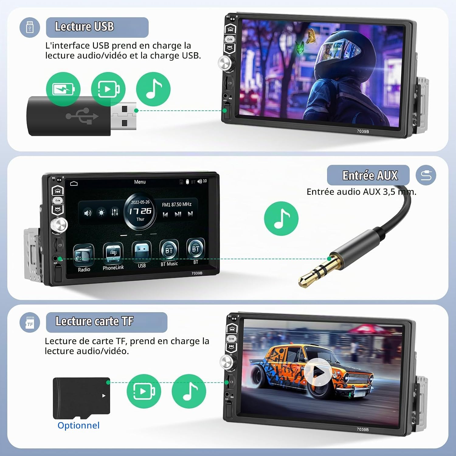 Car stereo display showing Bluetooth call interface and music playback.
