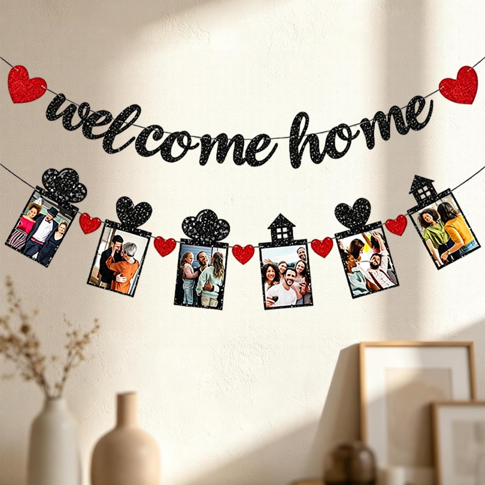 Welcome Home Banner, Glitter Welcome Sign with Photo Banner for Wall, Sparkling Party Decorations for Homecoming, Family Reunion, New House