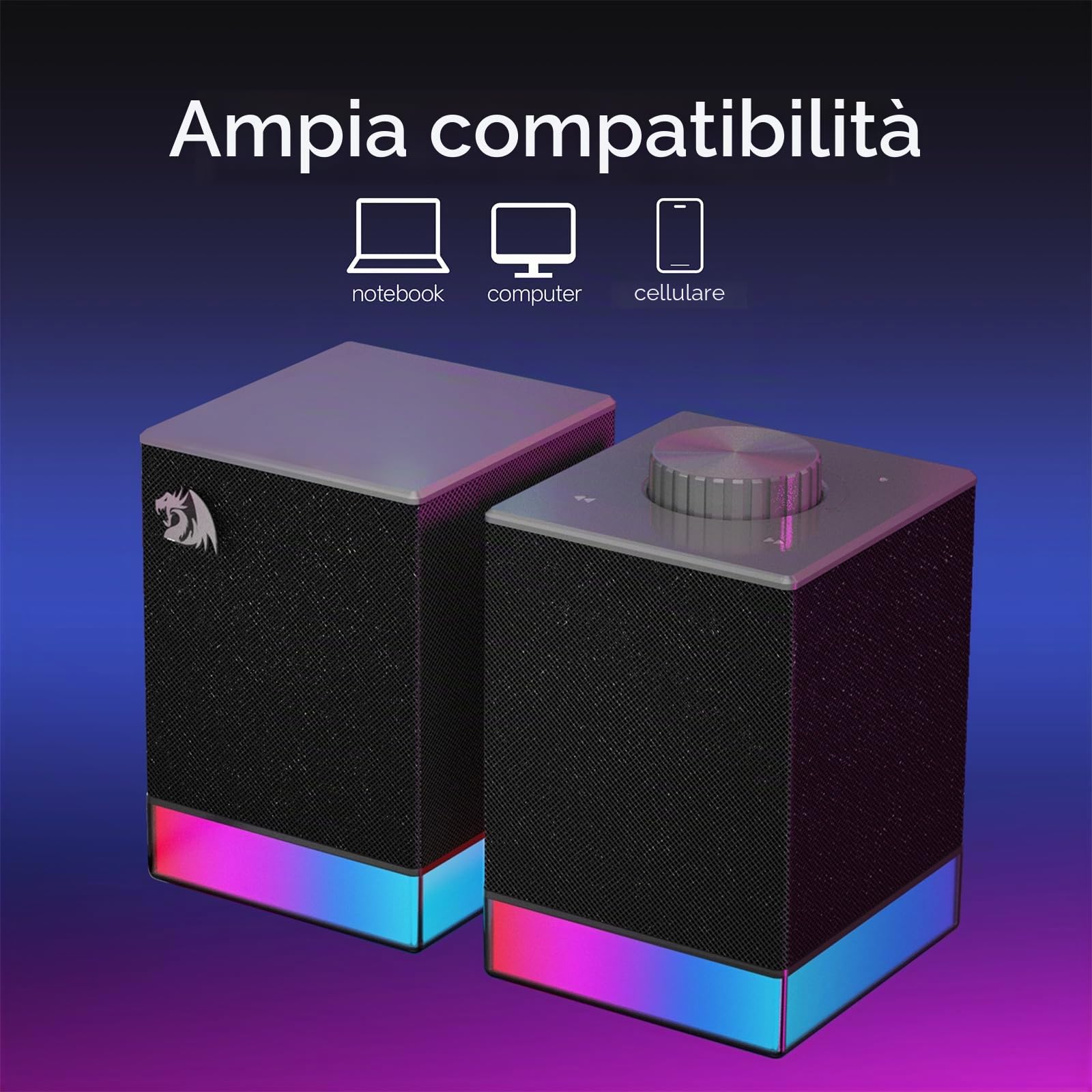 Redragon GS517 - Altoparlante per computer RGB, sistema audio stereo 2.0 con doppia connettività BT e USB, 8 effetti di illuminazione RGB, comandi touch e manopola del volume, perfetto per giochi e