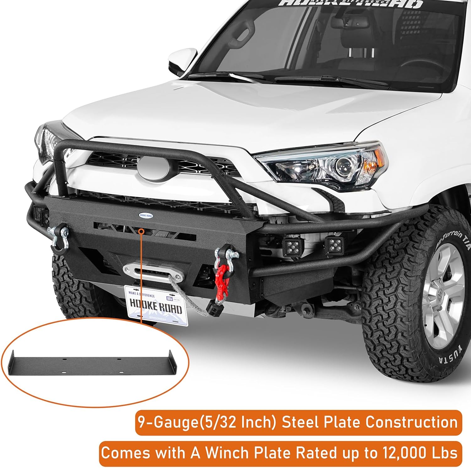 Hooke Road 4Runner Tube Front Bumper for 2014-2024 Toyota 4Runner 5th Gen, Offroad Bumper with Winch Plate Skid Plate & 4 LED Spot Lights