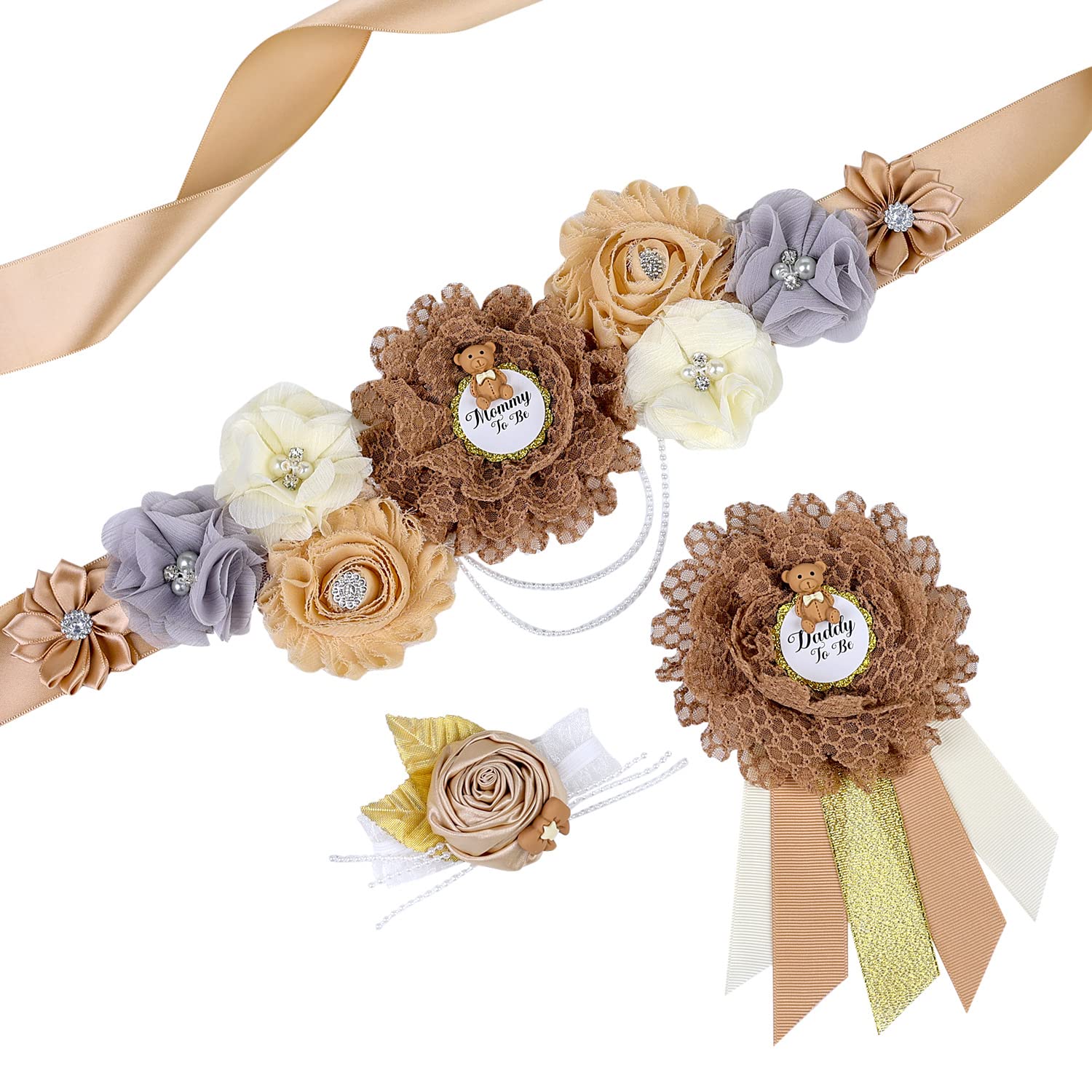 Nishine Women's Khaki Ivory Handmade Maternity Flower Sash Belt With Badge Set Pregnant Waisband Belt Mom To Be Sash Photography, Normal
