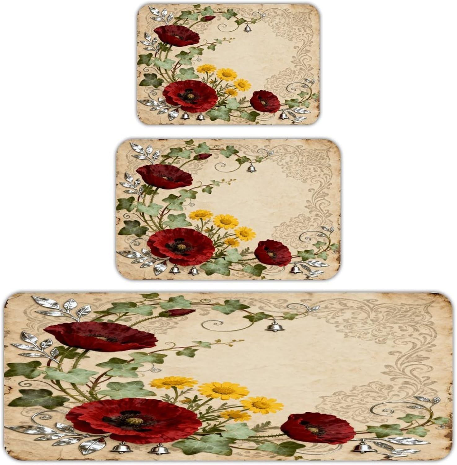 Boho Floral Kitchen Rugs Sets of 3 Non Slip Kitchen Mat for Floor Comfort Standing Rug and Mats Thick Cushioned Long Area Carpets for Laundry Room Entryway