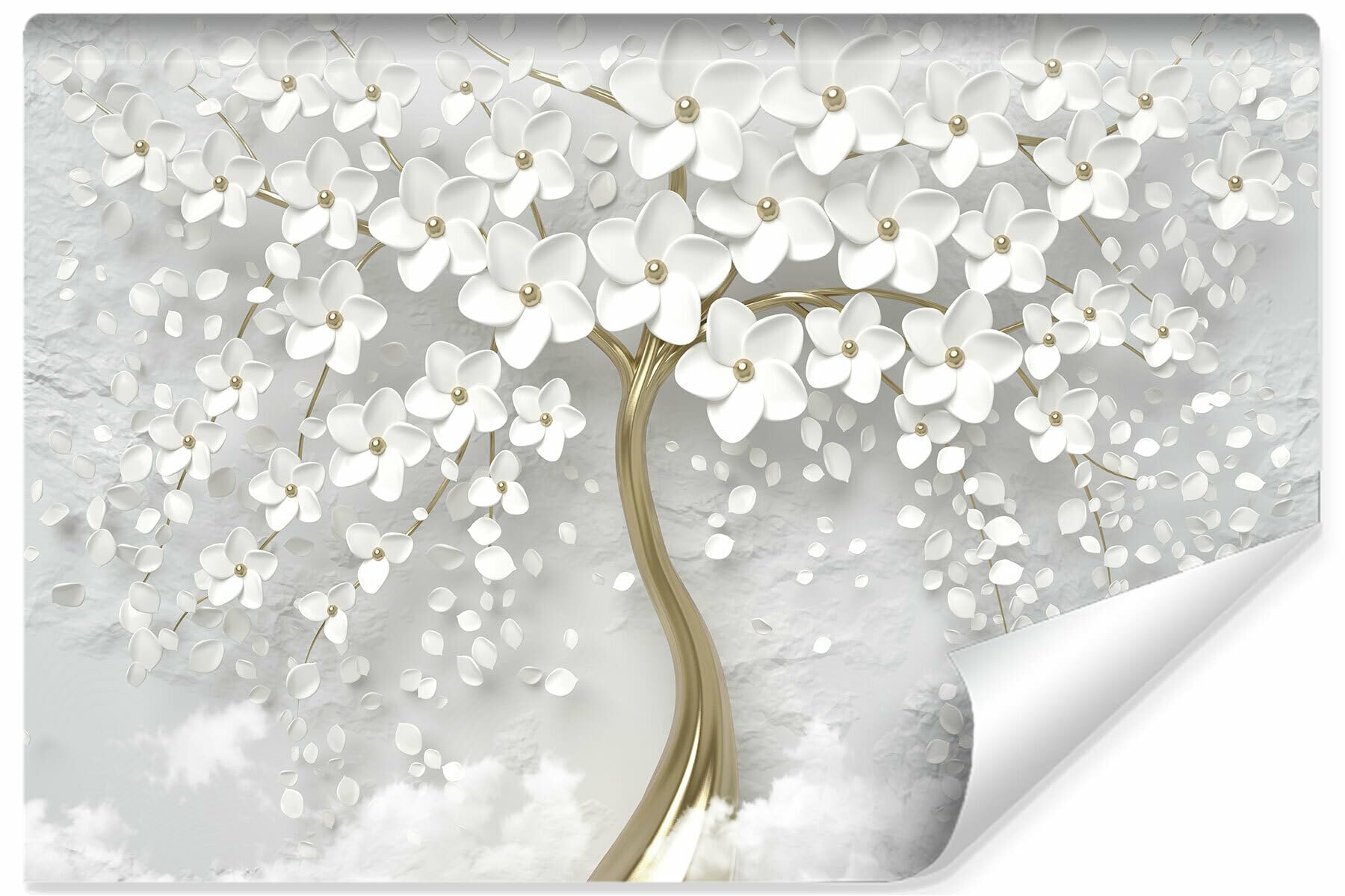 Muralo Tapete Vlies 3D, abstrakter Baum, weiße Blumen - 360x240 cm | Beeindruckendes 3D-Design, hochauflösender Druck - ideal für Wohnzimmer und Schlafzimmer, Ein außergewöhnliches Raumerlebnis
