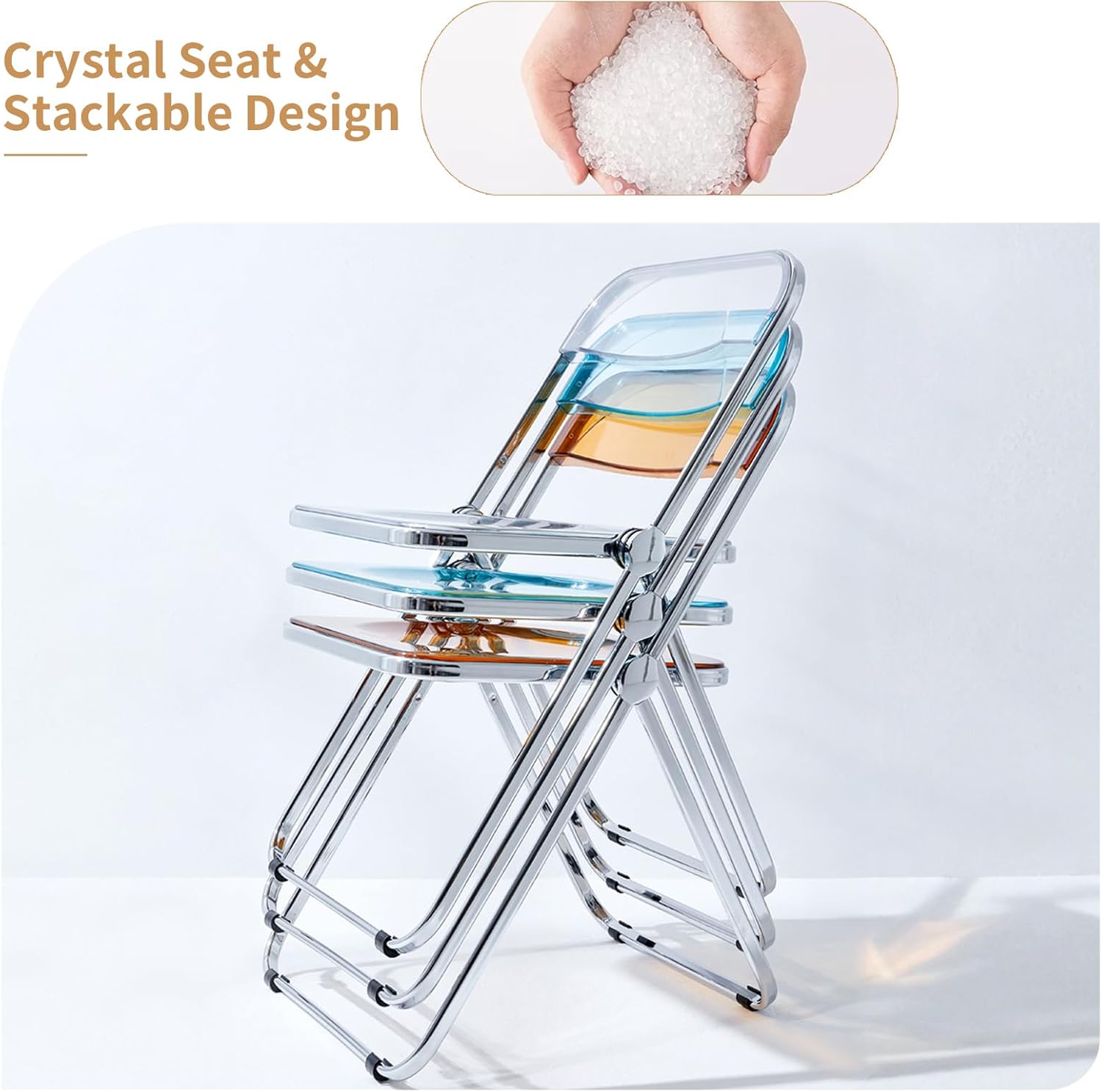 Modern Transparent Folding Chair- Acrylic Folding Chairs-Acrylic Ghost Stackable Crystal Seat-Luxury Plastic Living Room Seat-Chrome Frame Accent Side Chair-Tawny