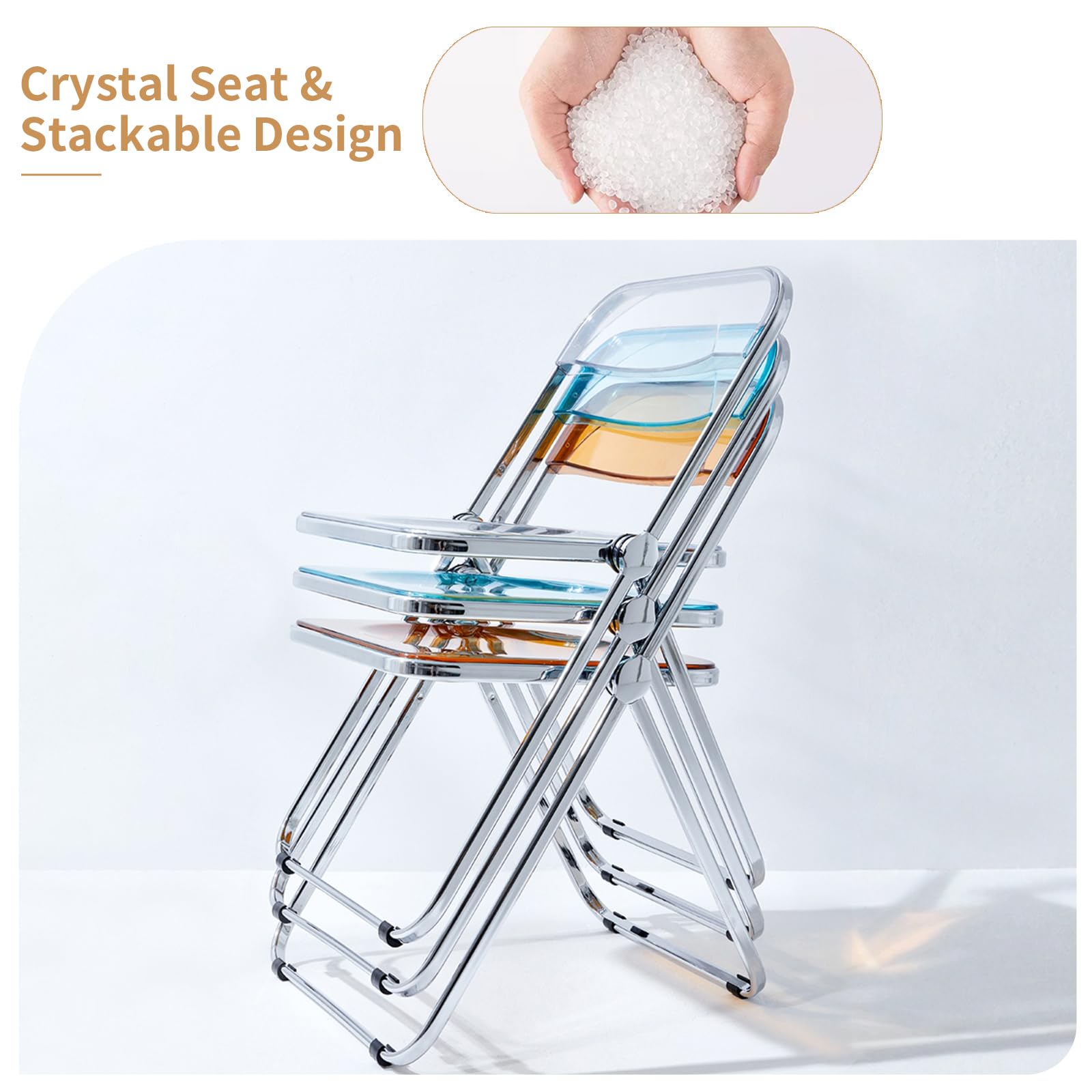Sedia pieghevole in acrilico: sedia Morden trasparente cromata – seduta in cristallo lucite trasparente – elegante sedia pieghevole impilabile in plastica per sala da pranzo soggiorno vanità