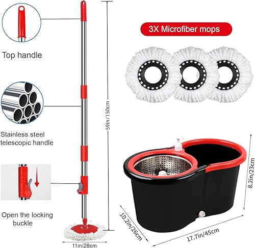 Miniatura 2 de Trapeador giratorio y cubo con juego de escurridor, sistema de cubo giratorio de 360 con 3 cabezales de repuesto de fregona de microfibra, mango