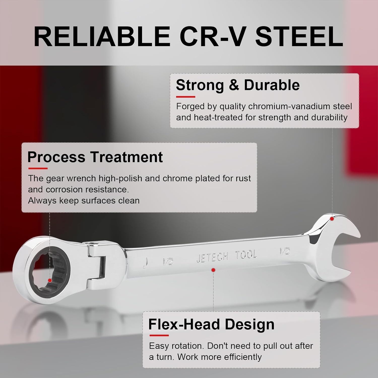 Jetech 1/2 Inch Flexible Head Gear Wrench, Industrial Grade Ratcheting Combination Spanner, Forged & Heat-Treated Cr-V Alloy Steel, Full Polished 12 Point, SAE for Auto & DIY Repair