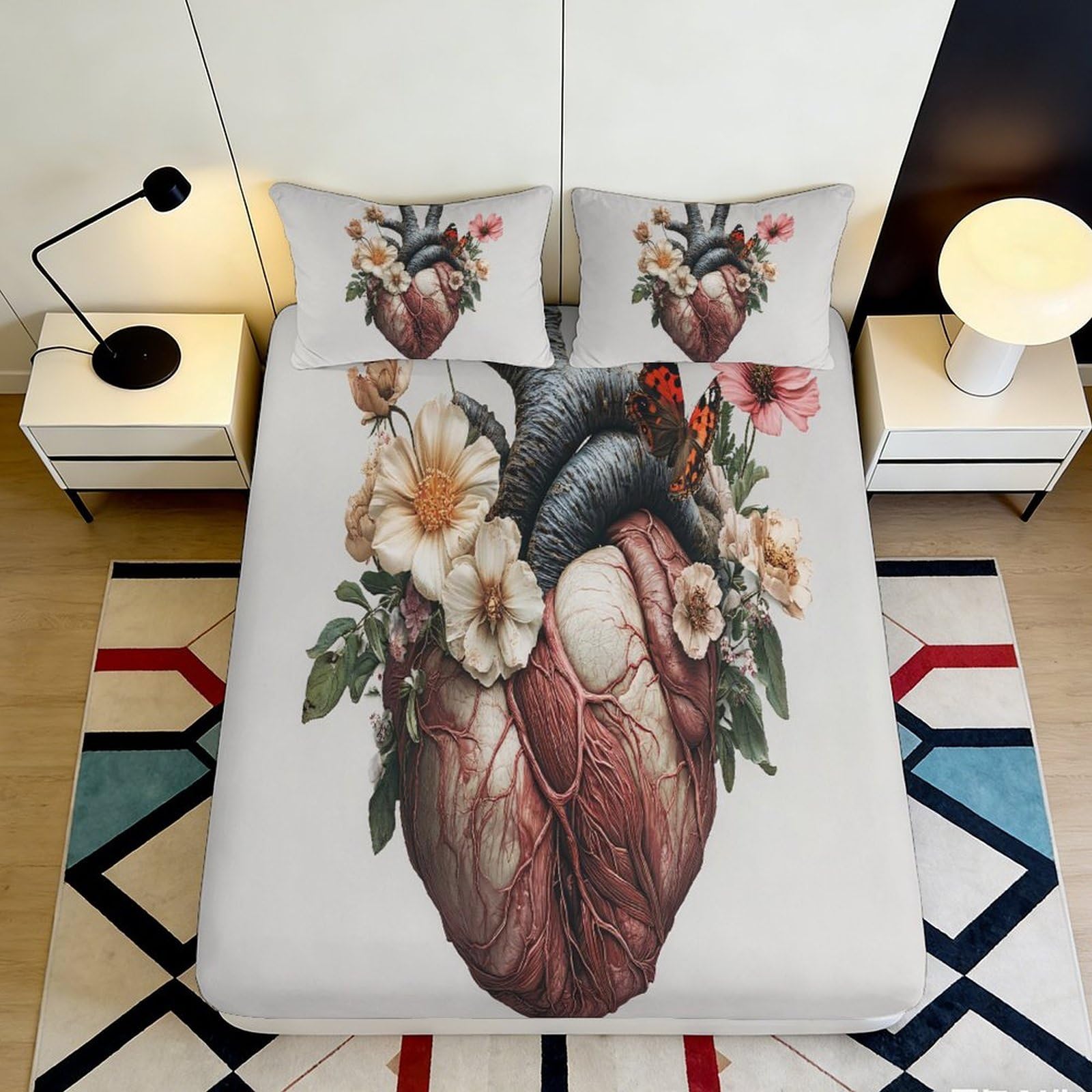 Artistic Heart Floral Fitted Sheet 3D Printed, Microfiber Soft Touch, Bed Cover for Bedroom, Guest Room Bedding, Wrinkle Resistant, Easy Care, 120x200cm 90x200x25cm