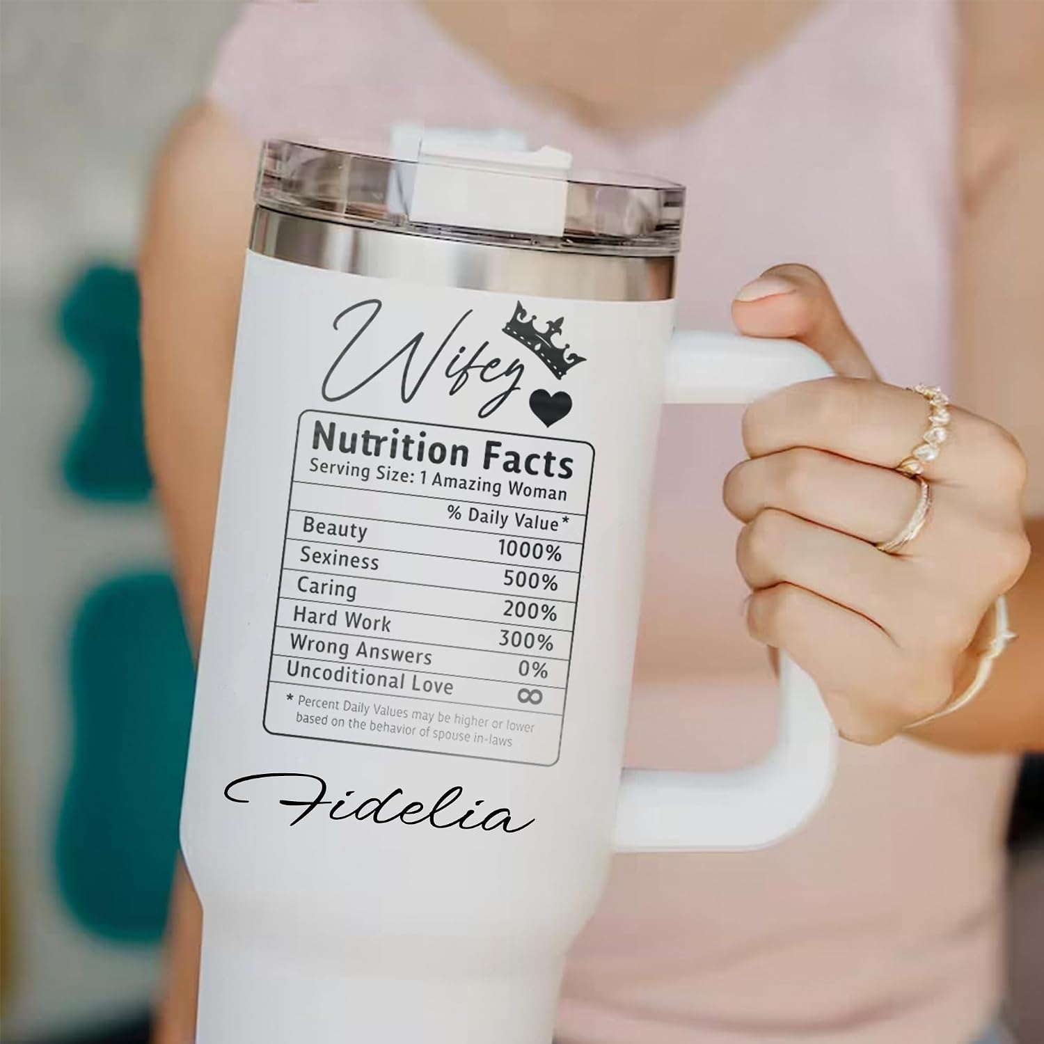 Wifey Nutrition Facts Personalized Tumbler 40 oz Laser Engraved, Insulated Cup with Handle, Lid and Straw, Wife Gifts from Husband, Birthday Gifts for women, lover, wedding, Romantic Gift for Her