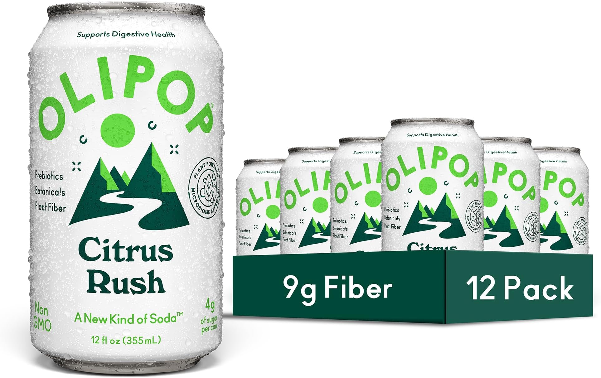 OLIPOP Prebiotic Soda Pop, Citrus Rush, A New Kind of Soda Packed with Prebiotics, Fiber, and Botanicals, Gluten Free, GMO Free, 12oz (12-Cans)