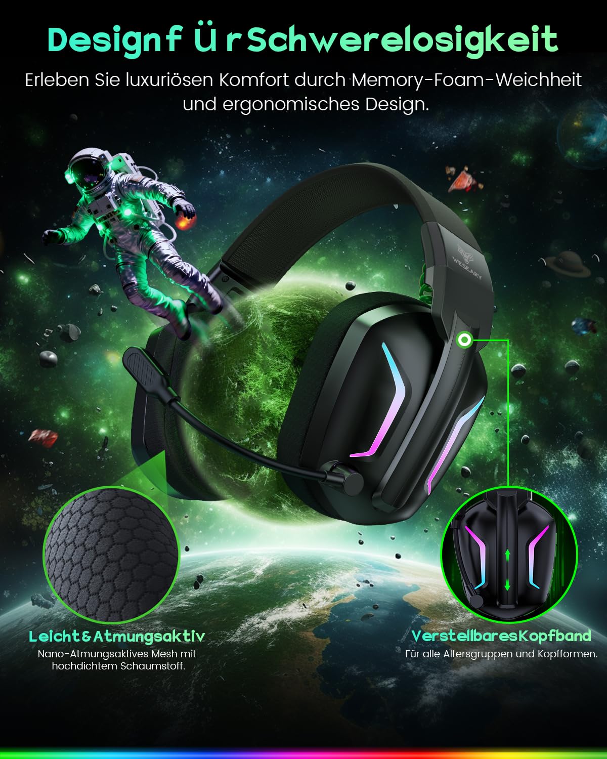 WESEARY Gaming Headset Wireless mit Mikrofon für PS5 PS4 PC Switch Handy | 2,4 GHz & Bluetooth, Noise-Cancelling-Mikrofon, 60H Akku, LED-Licht, Surround Sound