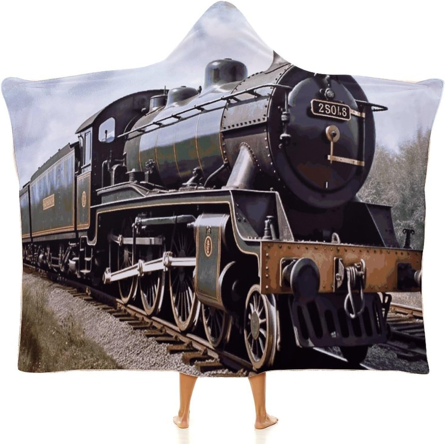 Steam Locomotive Train Wearable Fleece Blanket with Hood for Men & Women Oversized Hoodie Blanket Soft Cozy Gift-