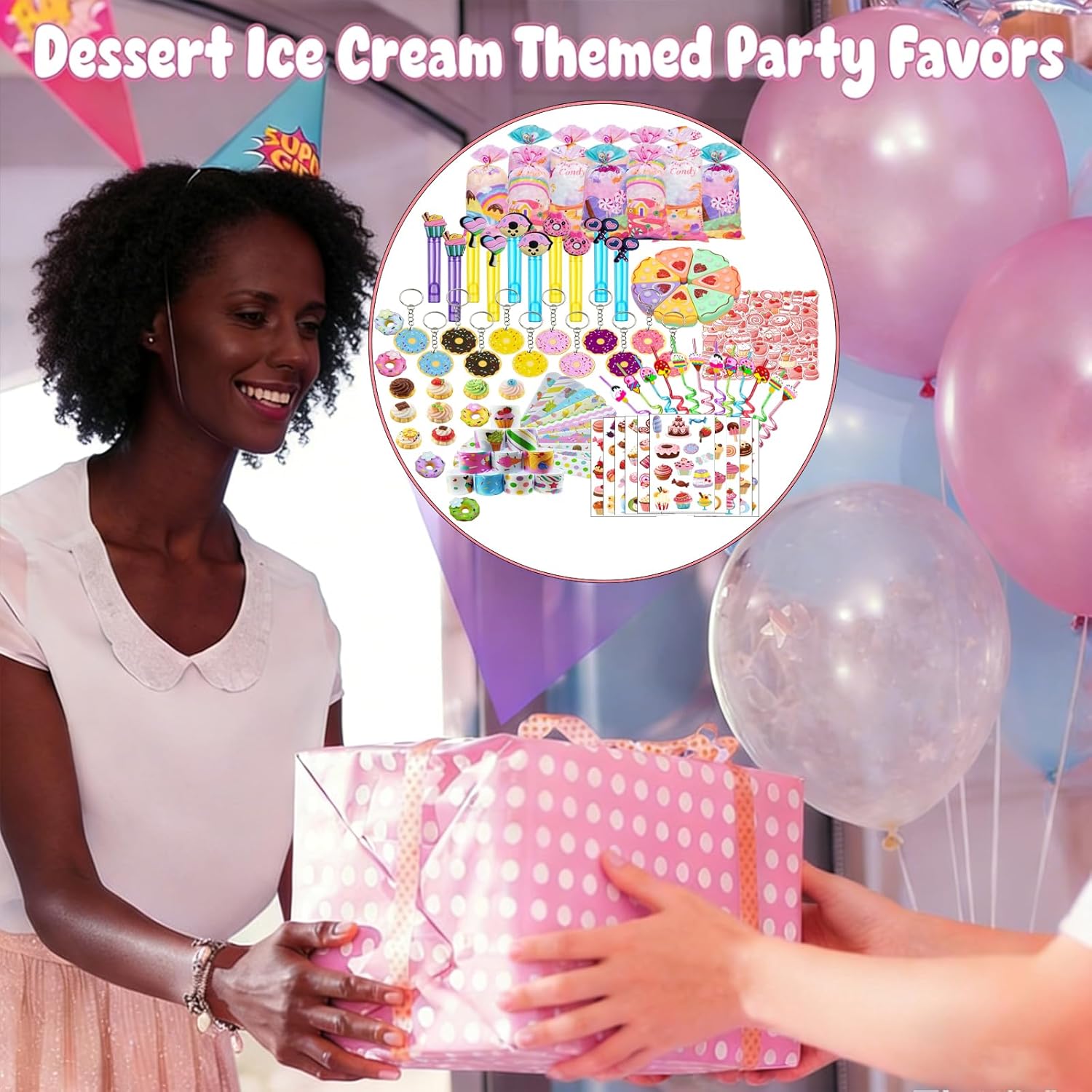 194PCS Candy House Favors- Candy Bag, Dessert Bubble Stick, Donut Keychain, Cake Mini Car,Temporary Tattoo Stickers, Cake Resin Decoration, Bracelet, Ice Cream Straw, Birthday, Festival Celebrations