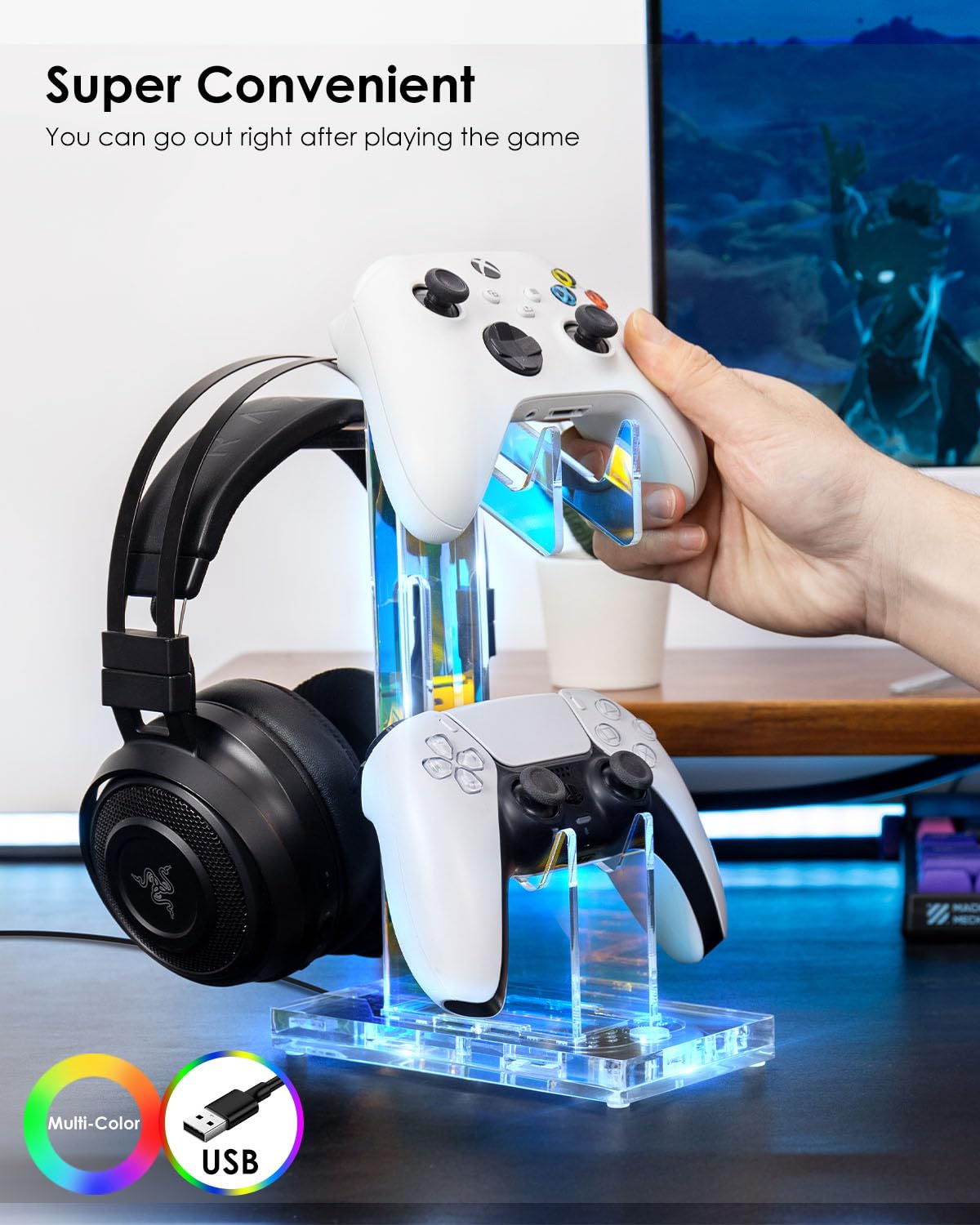 OAPRIRE Headset and Controller Stand with Lights, 2 Tier Acrylic Game Controller Holder, Controller and Headset Stand for Desktop,Universal Design Compatible with PS5/PS4/XBOX/SWITCH (Clear)