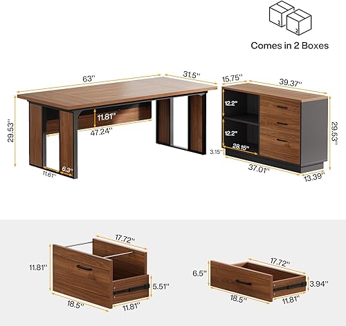 Miniatura 2 de Tribesigns Escritorio ejecutivo en forma de L de 63 pulgadas, mesa de oficina con cajones de 39.37 pulgadas, escritorio grande para computadora con