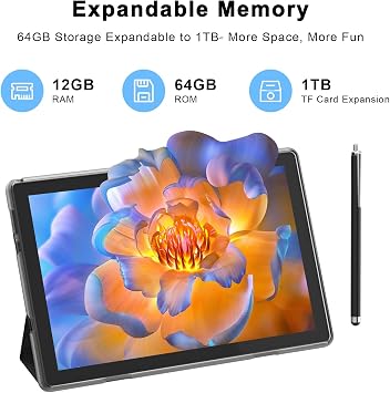 HOTTABLET Tablet 10-inch Android 15, RAM 12GB(4+8Expand) +ROM 64GB, 2+8MP Dual Camera, 6000mAh Battery (Tablet+case+Stylus)(Black)