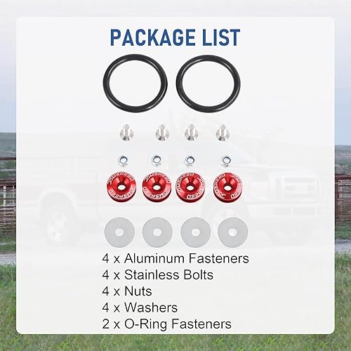 Miniatura 6 de Kit universal de sujetadores de liberación rápida Jmdspeed, para camiones, defensa, palanquilla, universal, CNC, Rojo