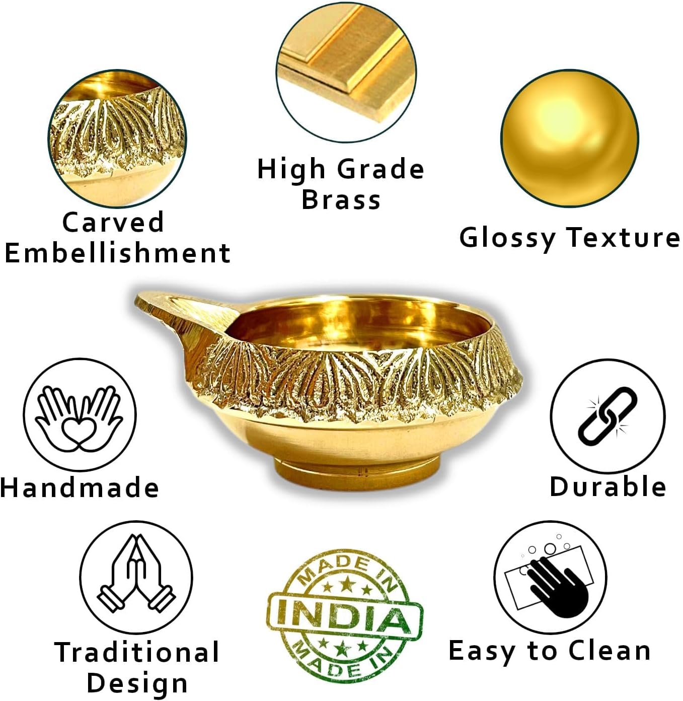 4 Pc Brass Kuber Diya Set Diwali Diyas Pooja Indian Traditional Oil lamp Deepak (Medium)