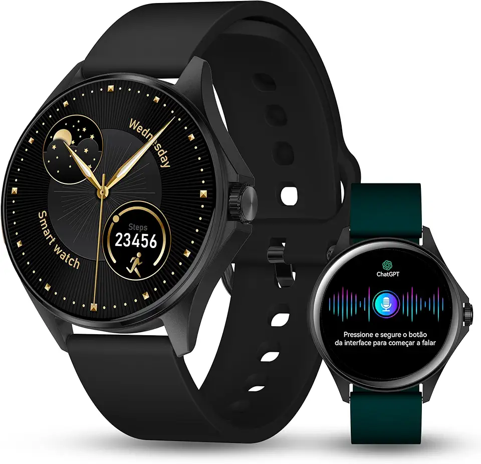 Aurafit Relógio Inteligente Smartwatch com IA ChatGPT, Tela AMOLED 1.32", Chamada Bluetooth, Monitor de Saúde Cardíaca e Sono, 100+ Modos Esportivos, IP68, Compatível iOS Android, 2 Pulseiras, Preto