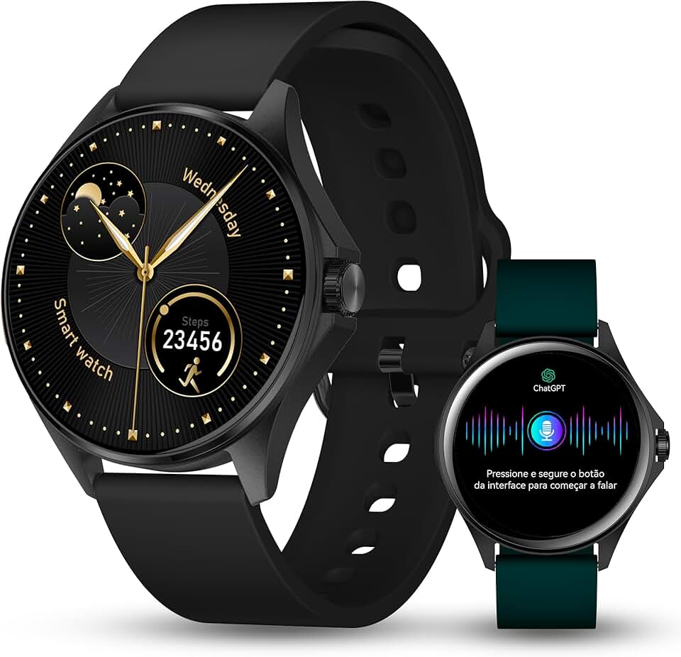 Aurafit Relógio Inteligente Smartwatch com IA ChatGPT, Tela AMOLED 1.32", Chamada Bluetooth, Monitor de Saúde Cardíaca e Sono, 100+ Modos Esportivos, IP68, Compatível iOS Android, 2 Pulseiras, Preto