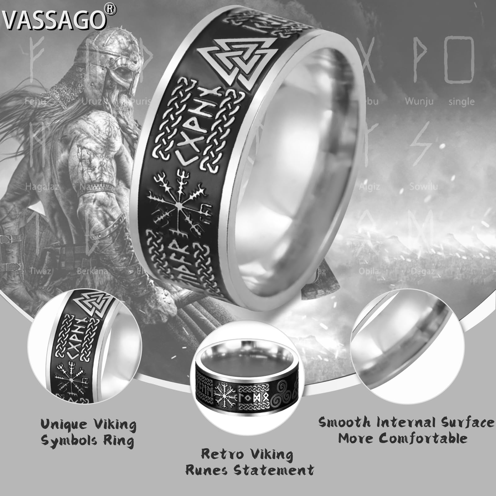 VASSAGO Anello Vichinghi per Uomini Donne Rune Norrene Mjolnir Vegvisir Bussola Triskele Valknut Elmo di Soggezione Nodo Celtico Triquetra Anelli Amuleto Gioielli Misura 7-12