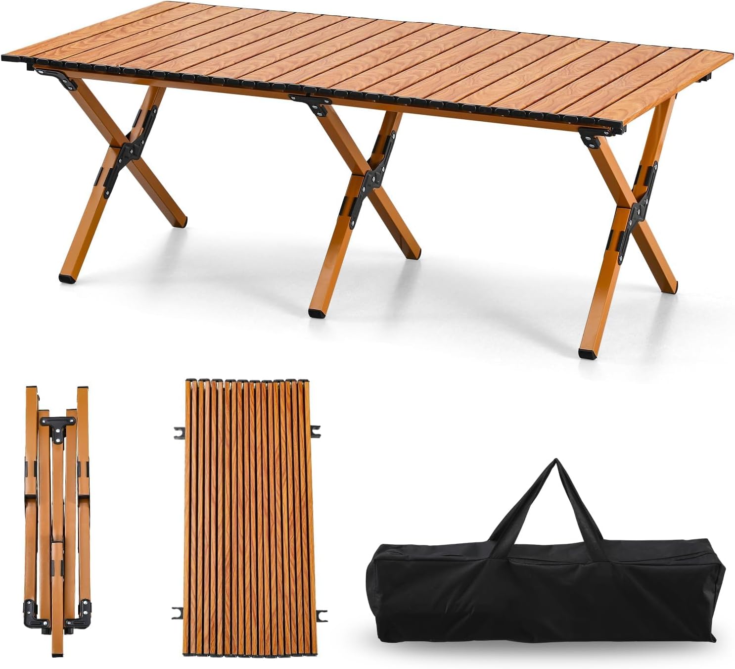 4Ft Aluminum Folding Camping Table, Portable Picnic Table, Outdoor Lightweight Collapsible Camp Table, Roll-up Camping Table for Beach,Party, Patio, BBQ, Travel, Backyard (Wood Upgraded Version)