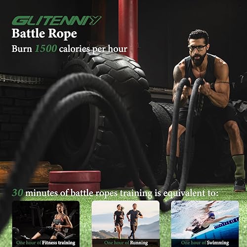 Miniatura 6 de Cuerdas de batalla negras - Cuerda de entrenamiento pesada de 1.5 pulgadas x 30 pies para gimnasio en casa