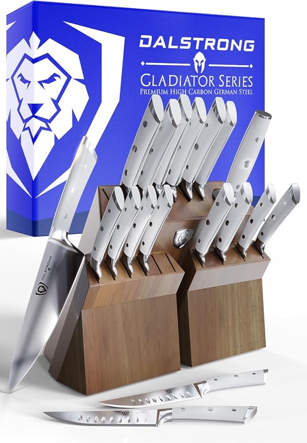 DALSTRONG Knife Set Block - 18-Pc Colossal Knife Set - Gladiator Series - German HC Steel - Acacia Wood Stand - White ABS Handles - NSF Certified