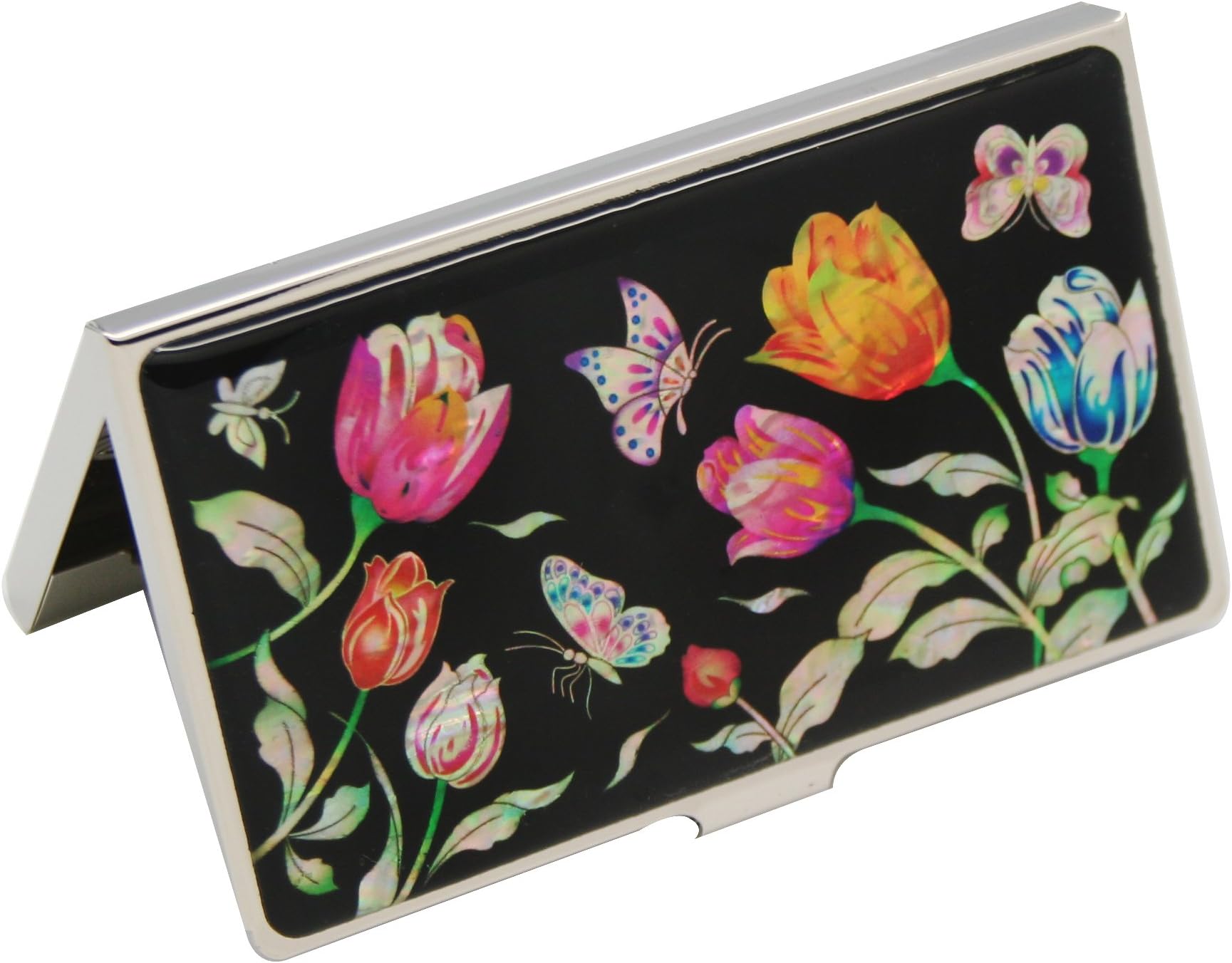 Mother of Pearl Red Yellow Tulip Design Black Metal Stainless Steel Engraved Slim Business Credit Name Card Holder Id Money Case Wallet