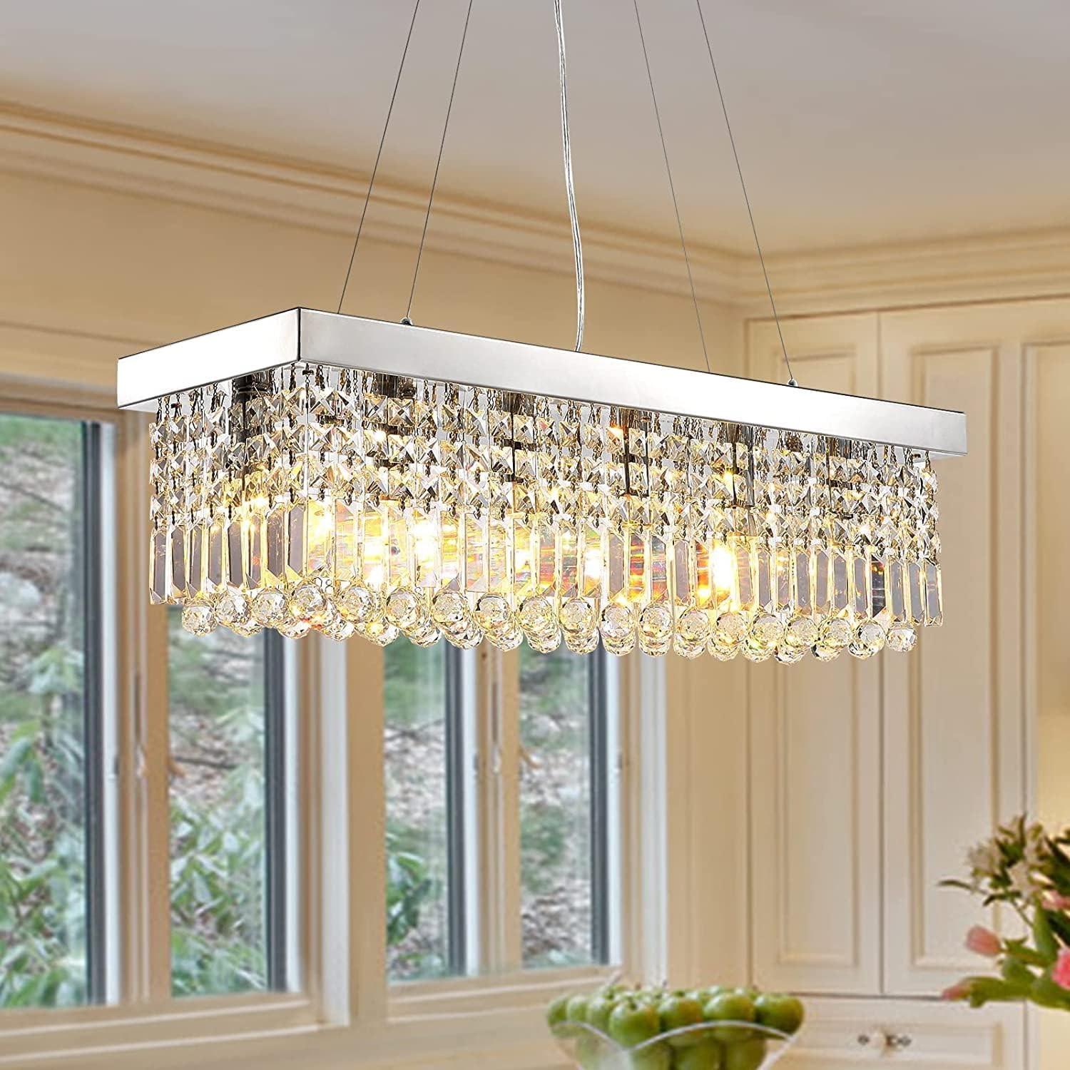 Siljoy Rectangular Chandelier for Dining Room, Modern Crystal Chandelier Kitchen Island Light Fixture 31.5" x 10" x 10" Flush Mount Chandeliers Sliver Chrome-hanging L31.5"