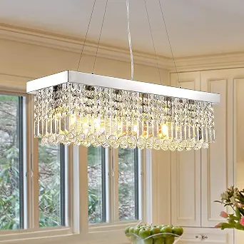 Siljoy 6-Light Modern Crystal Chandelier for Dining Room, Rectangular K9 Crystal Raindrop Pendant Ceiling Light Fixture