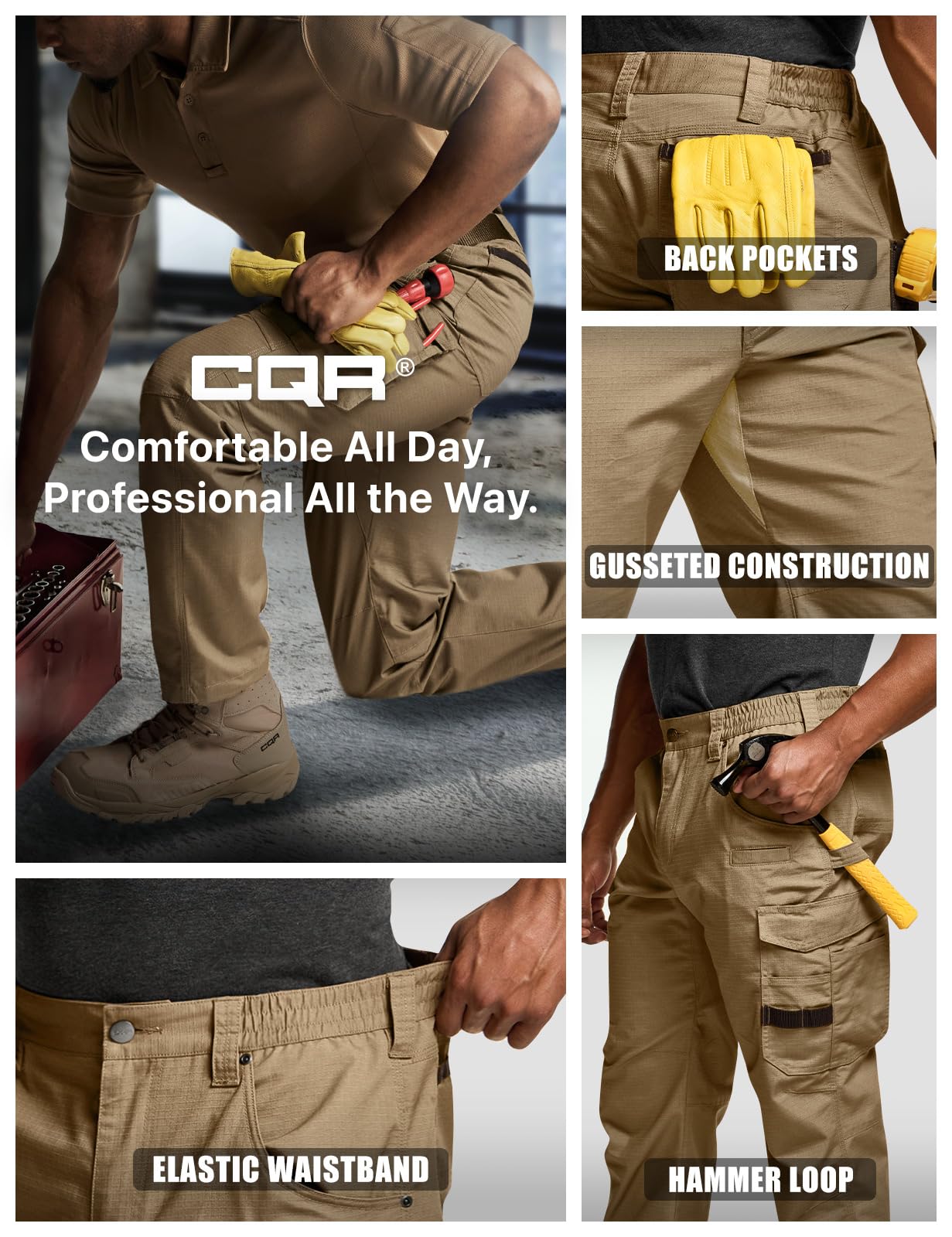 CQR Men's Quick Dry Work Pants, Water Resistant Outdoor Tactical Pants, Lightweight Stretch Cargo Hiking Pants — view 8