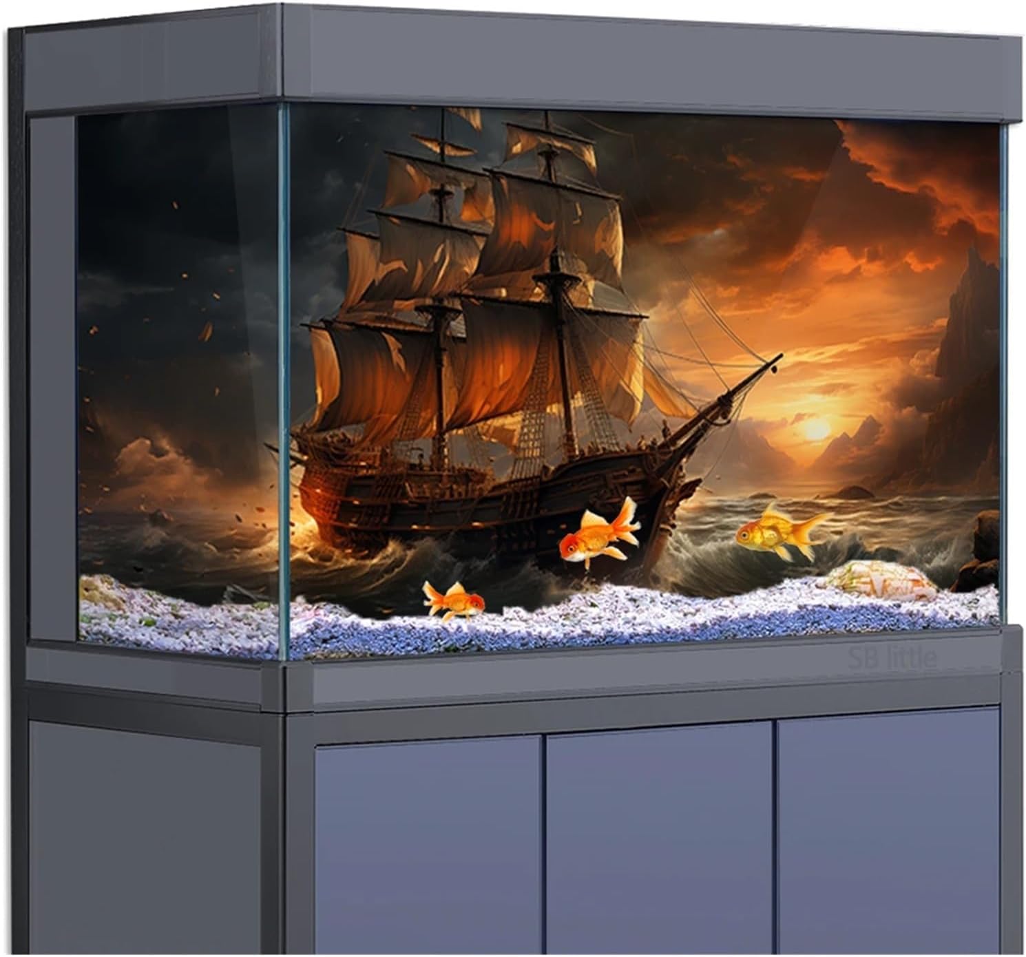 Aquarium Background Sticker Ship Sea Sunset Poster Decoration Fish Tanks Reptile Habitat(90x60cm 36x24in)